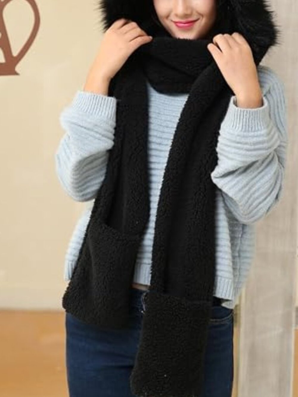 3-in-1 Winter Hood, Scarf & Pocket Mittens  Faux Fur Trim - Black